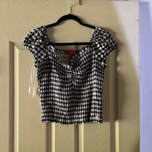 GUESS Black & White Gingham Ruched Puff Sleeve Crop Top